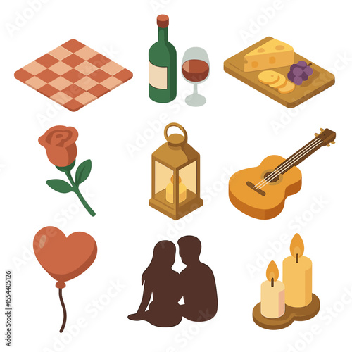 Romantic Sunset Icons. Isometric Flat icon set of romantic sunset date: picnic blanket, wine bottle, cheese platter, rose, lantern