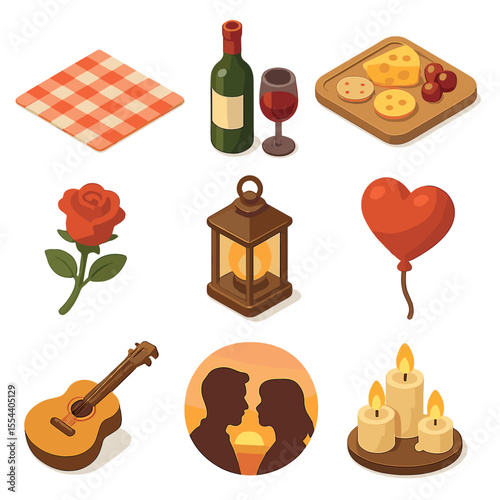Romantic Sunset Icons. Isometric Flat icon set of romantic sunset date: picnic blanket, wine bottle, cheese platter, rose, lantern
