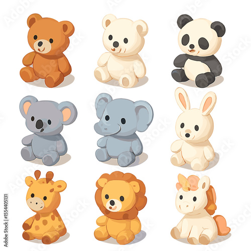 Plush Toy Icons. Isometric Flat icon set of teddy bear collection display: brown teddy, white teddy, panda plush, koala plush,