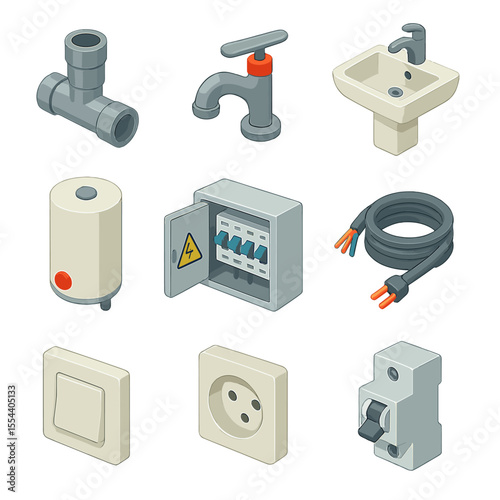 Plumbing and Electrical Icons. Isometric Flat icon set of plumbing and electrical systems: PVC pipe, faucet, sink, water heater,