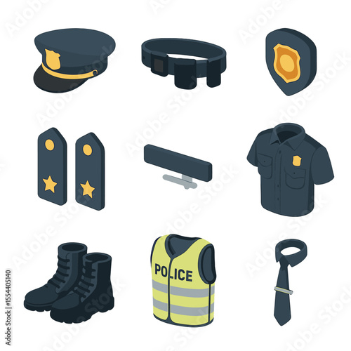Police Uniform Icon Set. Isometric Flat icon set of police uniforms: peaked cap, duty belt, shoulder patch, epaulettes, name tag,