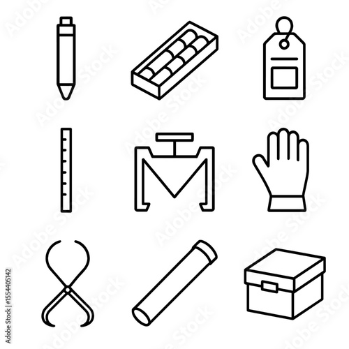 Core Sampling Icons. Outline icon set of core sampling: core barrel, rock core tray, sample label, depth marker, core splitter,