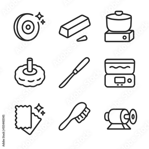 Polishing Tools Icons. Outline icon set of polishing and finishing: polishing wheel, polishing compound, tumbler, buffing pad,