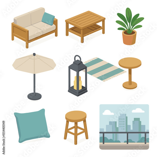 Rooftop Terrace Icons. Isometric Flat icon set of rooftop terrace lounge: outdoor sofa, coffee table, potted plant, umbrella,