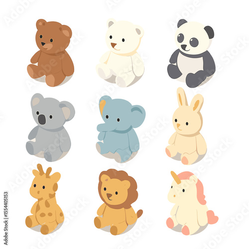 Plush Toy Icons. Isometric Flat icon set of teddy bear collection display: brown teddy, white teddy, panda plush, koala plush,
