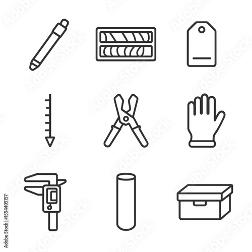Core Sampling Icons. Outline icon set of core sampling: core barrel, rock core tray, sample label, depth marker, core splitter,