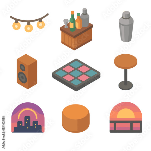 Rooftop Sunset Party Icons. Isometric Flat icon set of rooftop sunset party: string lights, bar counter, cocktail shaker, music