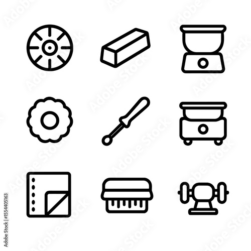 Polishing Tools Icons. Outline icon set of polishing and finishing: polishing wheel, polishing compound, tumbler, buffing pad,