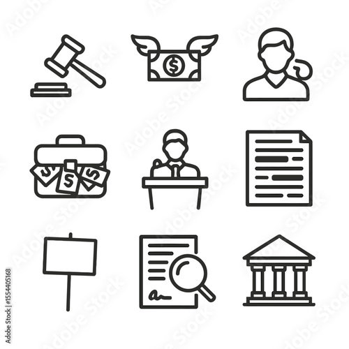 Corruption Icon Set. Outline icon set of political corruption exposés: gavel, dollar bills with wings, whistleblower silhouette,