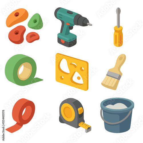 Route Tool Icons. Isometric Flat icon set of route setting tools: hold set, cordless drill, screwdriver, tape, stencil, brush,