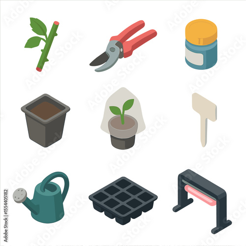 Rose Propagation Icons Set. Isometric Flat icon set of rose cuttings propagation: rose cane cutting, rose pruner, rooting hormone