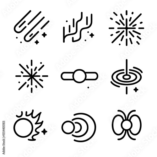 Cosmic Phenomena Icons. Outline icon set of cosmic phenomena: meteor shower, aurora borealis, cosmic ray burst, gamma-ray burst,