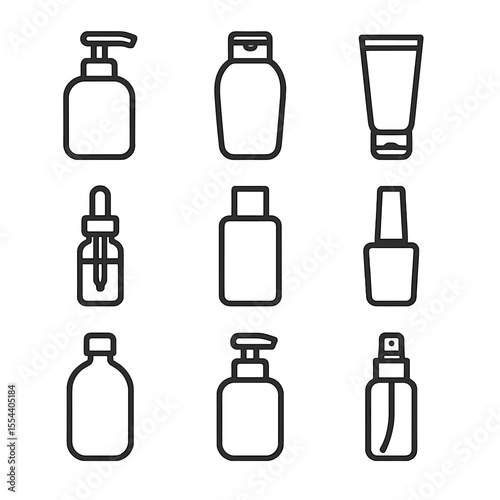 Cosmetic Icons Grid. Outline icon set of liquid cosmetic products: lotion pump bottle, shampoo bottle, conditioner tube, serum