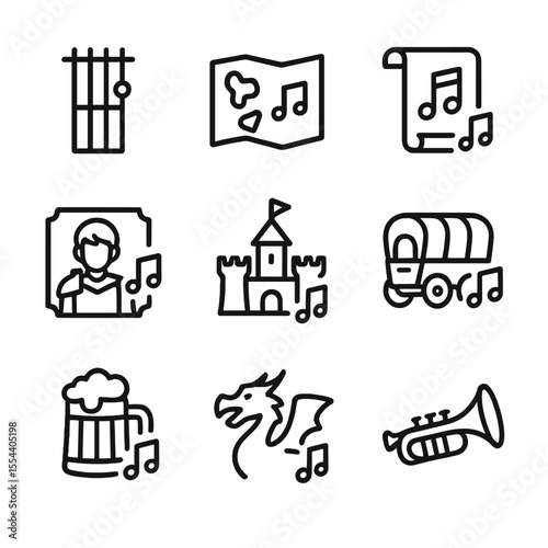 RPG Game Icon Set. Outline icon set of RPG game OST: theme chord, world map with note, quest scroll with note, character portrait