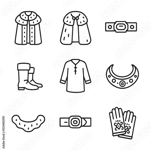 Royal Attire Icons. Outline icon set of king’s attire and fashion: royal robe, fur cape, jeweled belt, silk tunic, leather boots,