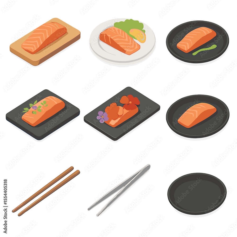 Salmon Plating Icon Set. Isometric Flat icon set of salmon fillet plating and presentation: wooden board, garnish plate, sauce