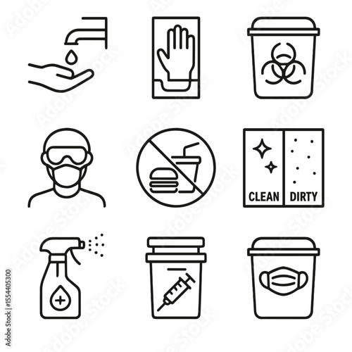 Safety Signage Icons. Outline icon set of safety and hygiene signage: hand wash station, glove dispenser, biohazard waste bin, PPE