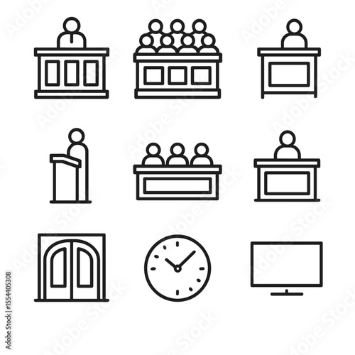 Courtroom Icon Set. Outline icon set of Courtroom Environment: judge bench, jury box, witness stand, attorney podium, spectator