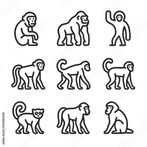 Primate Icon Set. Outline icon set of primate species: chimpanzee, gorilla, bonobo, gibbon, macaque, spider monkey, capuchin,