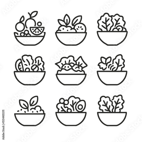 Salad Bowl Icons. Outline icon set of types of salad bowls: fruit salad, grain bowl, Caesar salad, Greek salad, taco salad, pasta