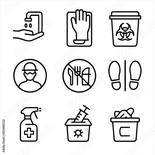 Safety Signage Icons. Outline icon set of safety and hygiene signage: hand wash station, glove dispenser, biohazard waste bin, PPE