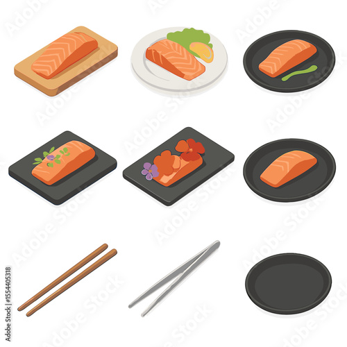 Salmon Plating Icon Set. Isometric Flat icon set of salmon fillet plating and presentation: wooden board, garnish plate, sauce