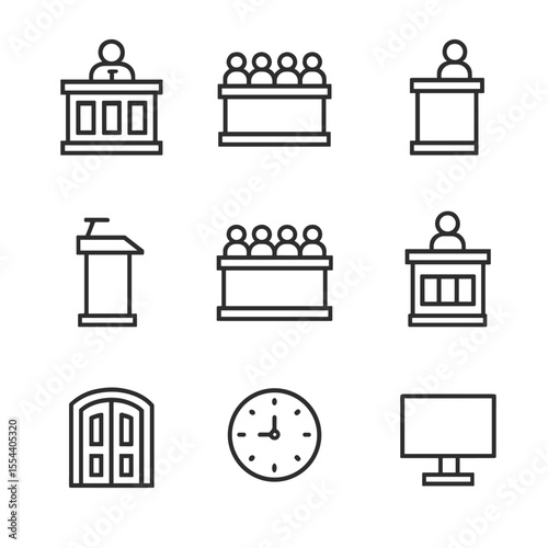 Courtroom Icon Set. Outline icon set of Courtroom Environment: judge bench, jury box, witness stand, attorney podium, spectator