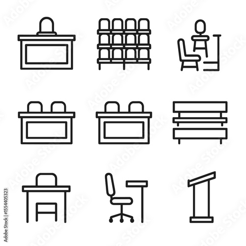Courtroom Icon Set. Outline icon set of Courtroom Layout with Empty Chairs: judge’s bench, jury box chairs, witness stand stool,