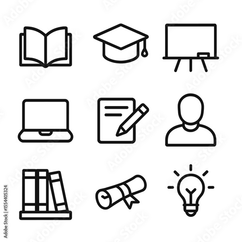 Prisoner Education Icons. Outline icon set of prisoner education programs: book open, graduation cap, classroom chalkboard, laptop