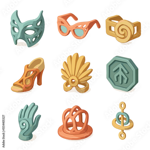 3D Printed Wearable Art. Isometric Flat icon set of 3D-printed wearable art: mask design, avant-garde eyewear, sculptural belt