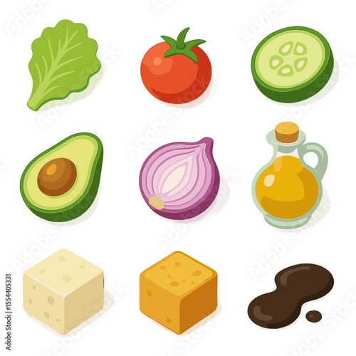 Isometric Salad Ingredients. Isometric Flat icon set of salad ingredients close-up: lettuce leaf, cherry tomato, cucumber slice,