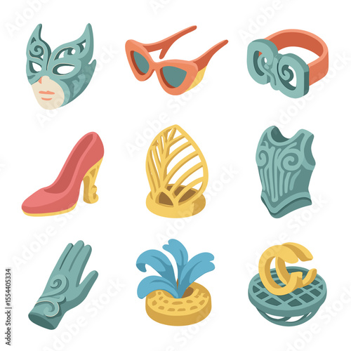 3D Printed Wearable Art. Isometric Flat icon set of 3D-printed wearable art: mask design, avant-garde eyewear, sculptural belt