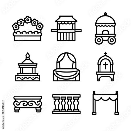 Processional Floats Icons. Outline icon set of Processional Floats and Platforms: flower-adorned float, wooden palanquin, wheeled