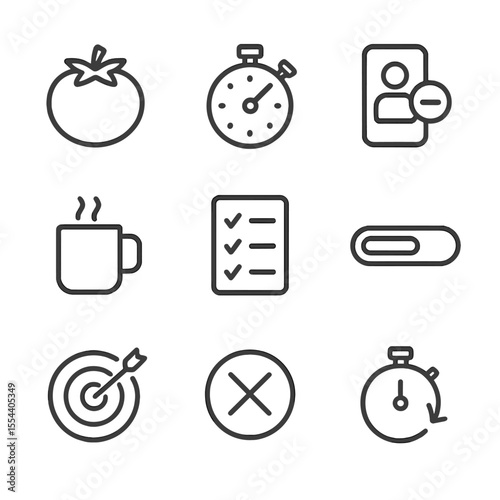 Productivity Icon Set. Outline icon set of productivity techniques and Pomodoro: tomato timer, stopwatch, focus mode icon, break