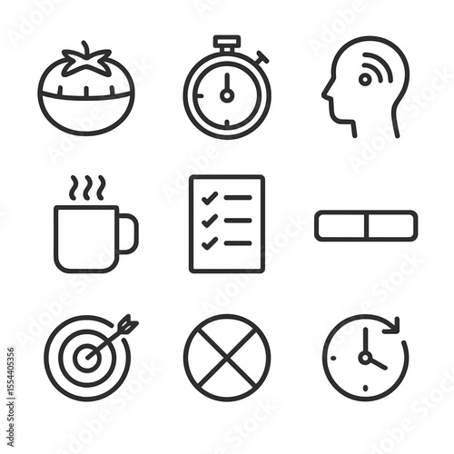 Productivity Icon Set. Outline icon set of productivity techniques and Pomodoro: tomato timer, stopwatch, focus mode icon, break