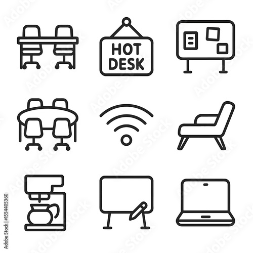 Coworking Space Icons. Outline icon set of coworking and collaborative spaces: shared desk, hot desk sign, community board,