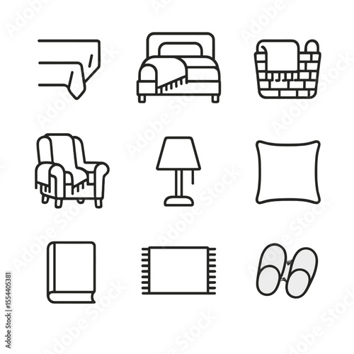 Cozy Bedroom Icons. Outline icon set of bedroom cozy blanket accents: bedspread corner, headboard throw, nightstand basket,