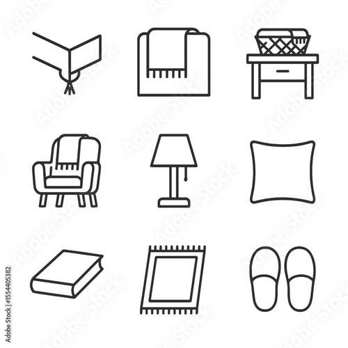 Cozy Bedroom Icons. Outline icon set of bedroom cozy blanket accents: bedspread corner, headboard throw, nightstand basket,