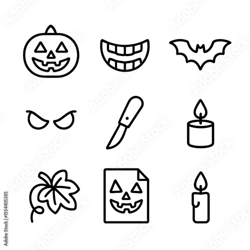 Pumpkin Carving Icons. Outline icon set of Pumpkin Carving Designs: jack-o’-lantern face, toothy grin stencil, bat cutout, spooky