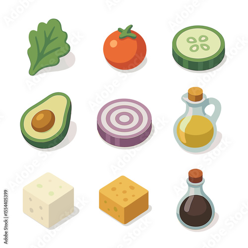 Isometric Salad Ingredients. Isometric Flat icon set of salad ingredients close-up: lettuce leaf, cherry tomato, cucumber slice,