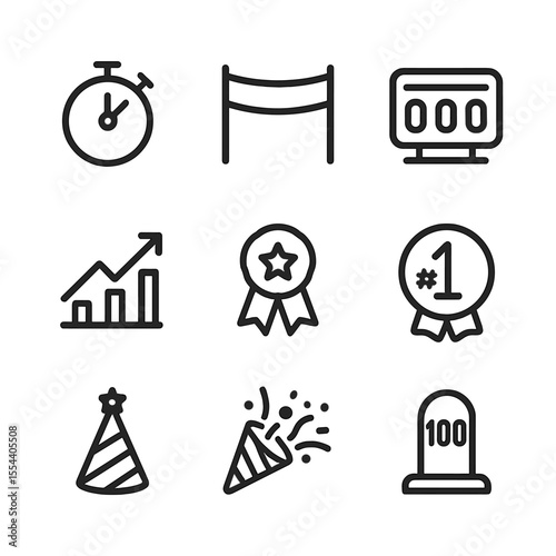 Record Achievement Icons. Outline icon set of record-breaking achievement: stopwatch, finish line tape, record board, upward arrow