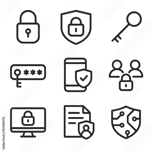 Security Tool Icons. Outline icon set of security and privacy tools: lock padlock, encrypted shield, password key, two-factor auth
