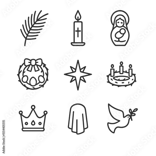 Seasonal Procession Icons. Outline icon set of Seasonal Procession Props: palm frond, paschal candle, Nativity figurine, Easter