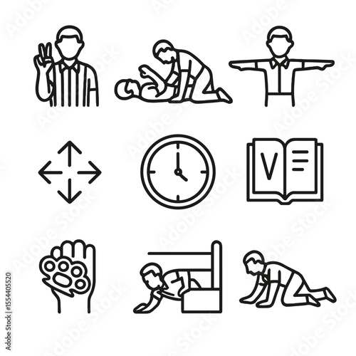Referee Action Icons. Outline icon set of wrestling referee actions: count 1-2-3 hand, check pinfall, count-out signal,