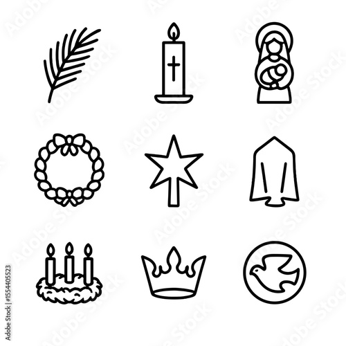 Seasonal Procession Icons. Outline icon set of Seasonal Procession Props: palm frond, paschal candle, Nativity figurine, Easter