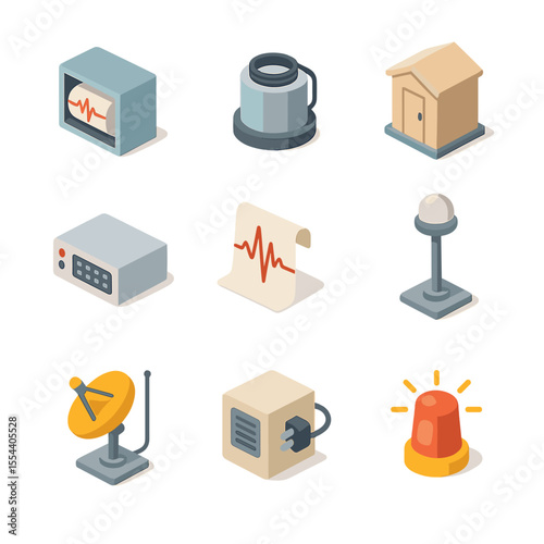Seismograph Icon Set. Isometric Flat icon set of seismograph and monitoring equipment: seismometer, broadband sensor, seismic