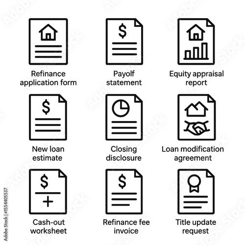 Refinance Paperwork Icons. Outline icon set of Refinancing Paperwork: refinance application form, payoff statement, equity