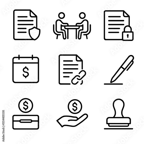Settlement Icons Set. Outline icon set of Settlement Agreement Elements: settlement draft, negotiation table, confidentiality