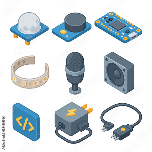 Sensor Technology Icons. Isometric Flat icon set of sensor-based interactive sculptures: motion sensor, proximity sensor,