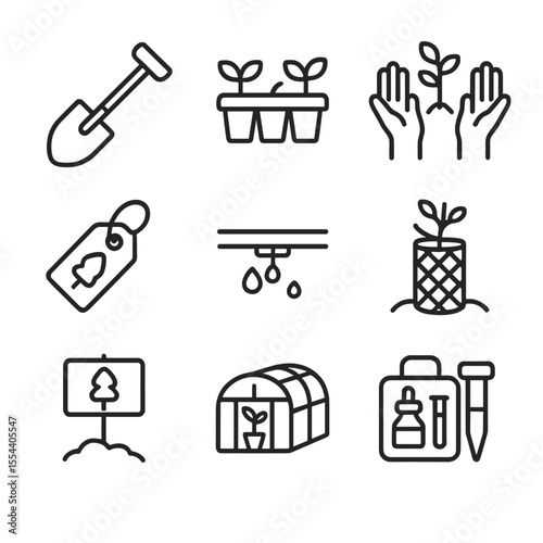 Reforestation Icon Set. Outline icon set of reforestation efforts: planting shovel, seedling tray, volunteer hands, tree tag, drip